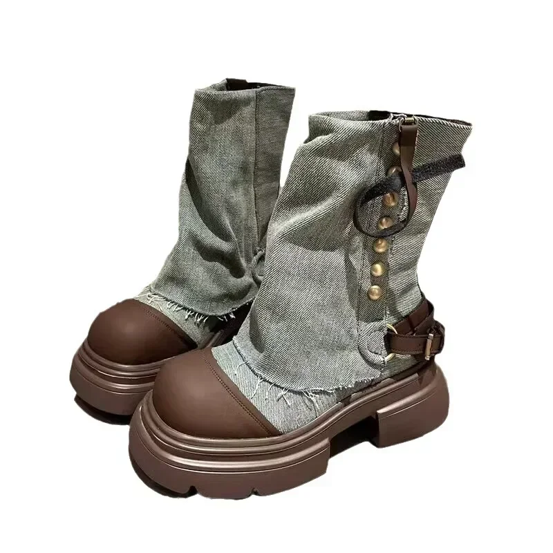 Designer Women Ankle Boots Fashion Slip On Thick Bottom Platform Shoes Ladies Elegant Morder Short Boots 2024