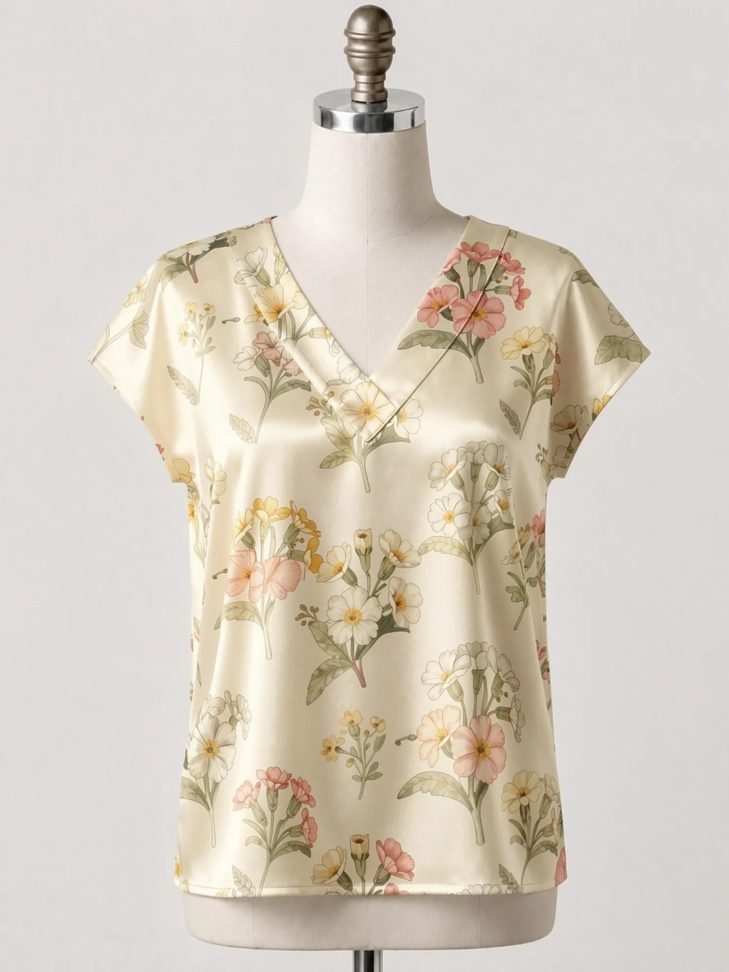 Floral Satin V Neck Top for Women Cap Sleeve Easy Draped Fit Silky Summer Cruise Daily Wear Lightweight Breathable Graceful Airy