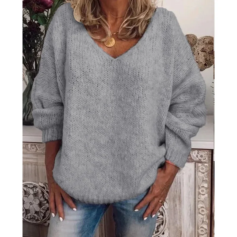 

274125European and American Style Autumn Winter SweatervCollar Solid Color Loose Plus Size Knitted Pullover Sweater for Women