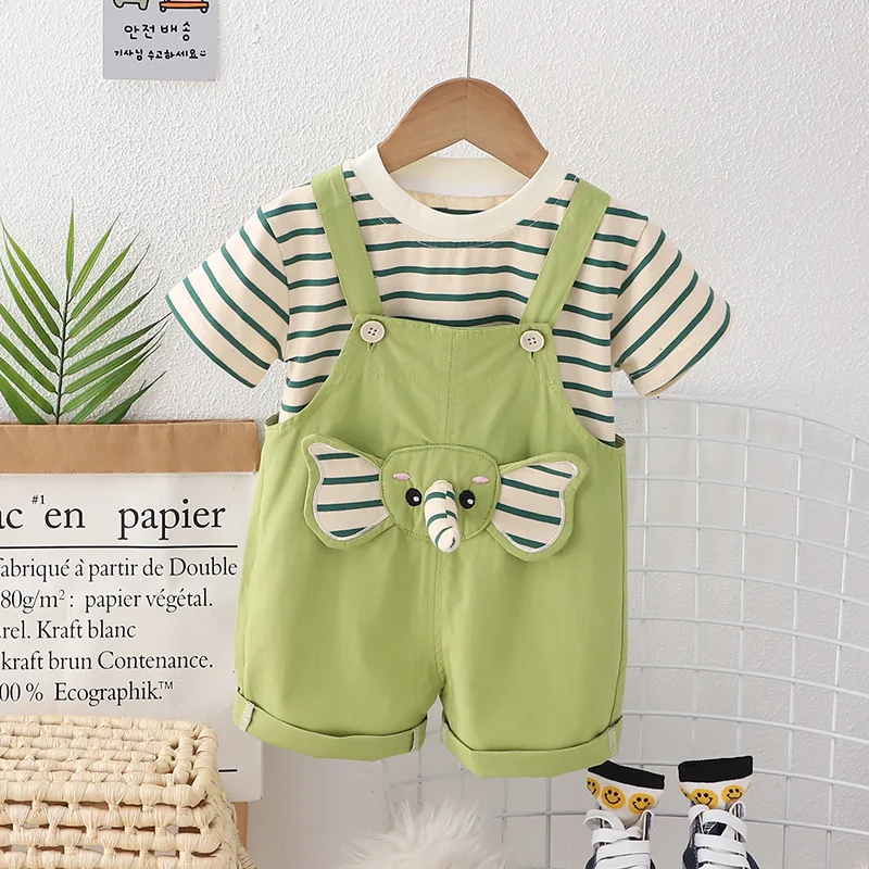 Kids Set 2024 Summer Baby Boy Clothes 1 To 2 Years Leisure Striped Short Sleeve T-shirts Elephant Head Strap Shorts Boys Outfits