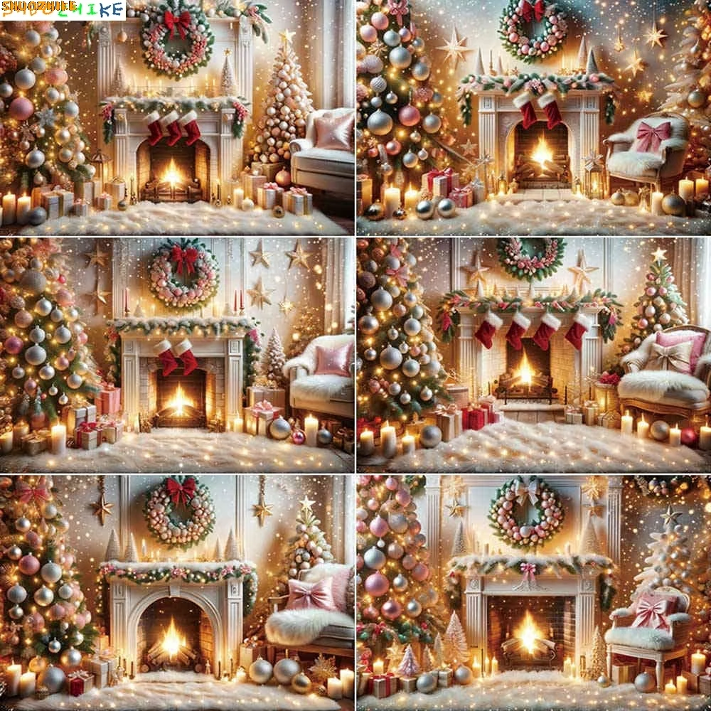 

2025 Christmas Trees Balls Wreath Photography Backdrop Gold Living Room Fireplace Background New Year Shooting Back Drop