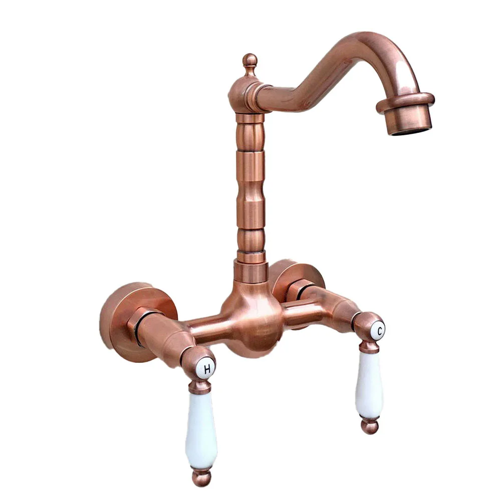 

Antique Red Copper Brass Wall Mounted Kitchen Bathroom Swivel Spout Faucet Mixer Tap arg034