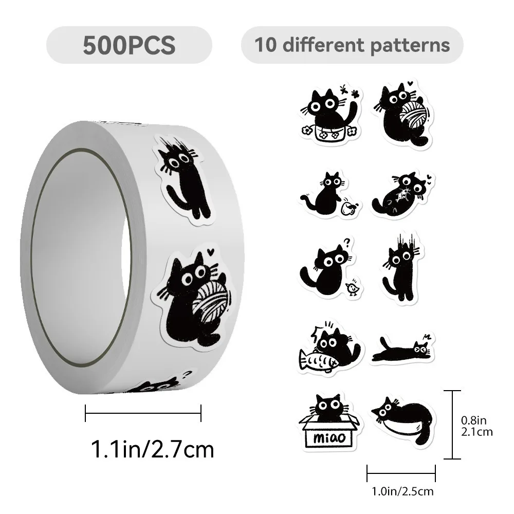 500Pcs/Roll DIY Black Cat Stickers Cartoon Design Creative Pattern Graffiti Stickers Cute Style Waterproof Roll Stickers