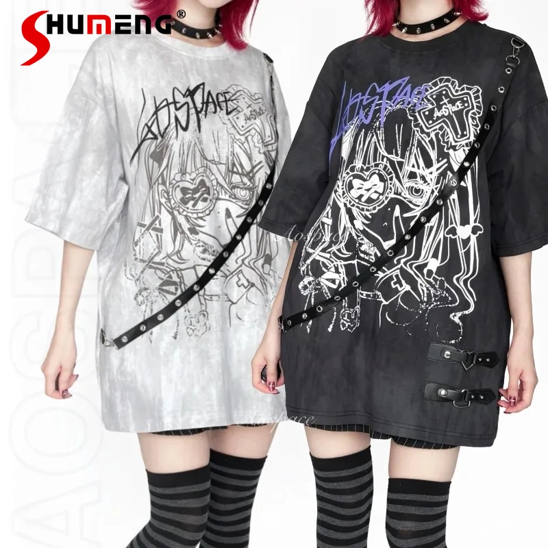 

New Dark Black Style Cool Cartoon Print Belt Buckle Tie-Dye T-shirt Subculture Short Sleeves Long Top Tshirts Pullover Female