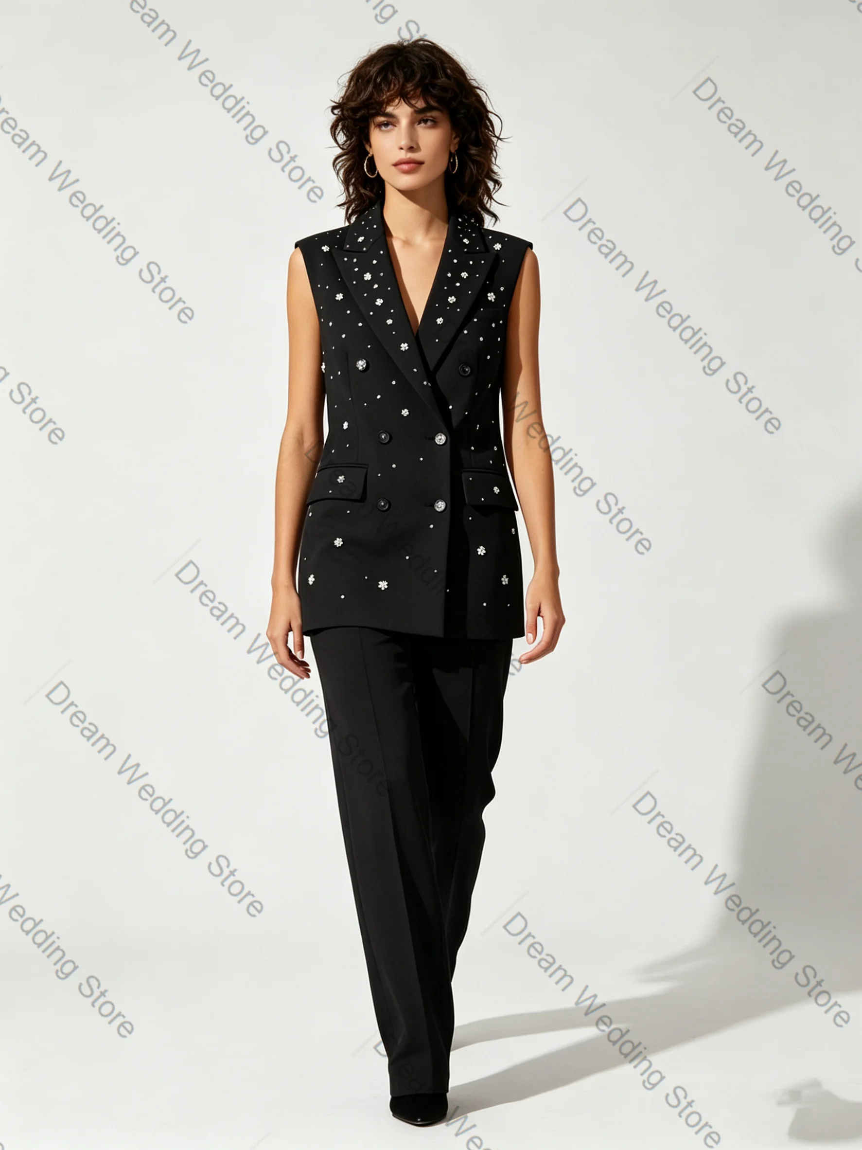 

Crystals Black Women Suit Set 2 Pcs Vest+Pants Trousers Spring Cotton Formal Office Lady Jacket Customized Wedding Guest Coat