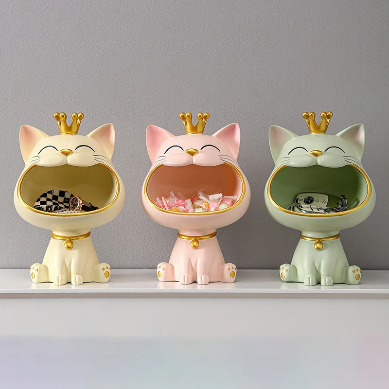 Lucky Cat Statue Sculpture Table Decoration Miniature Figurine Sundries Storage Box Modern Living Room Desk Home Decor Gift