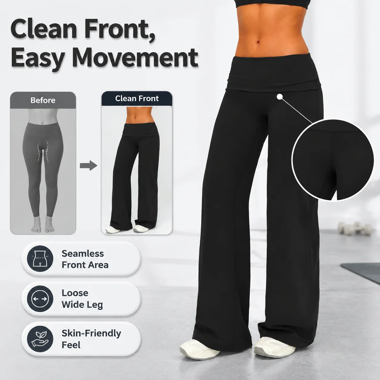 Women's Wide Leg Yoga Pants 4-Way Stretch Brushed Nylon High Waisted Sweatpants with Fold-Over Waistband & Crotch-Free Design S-