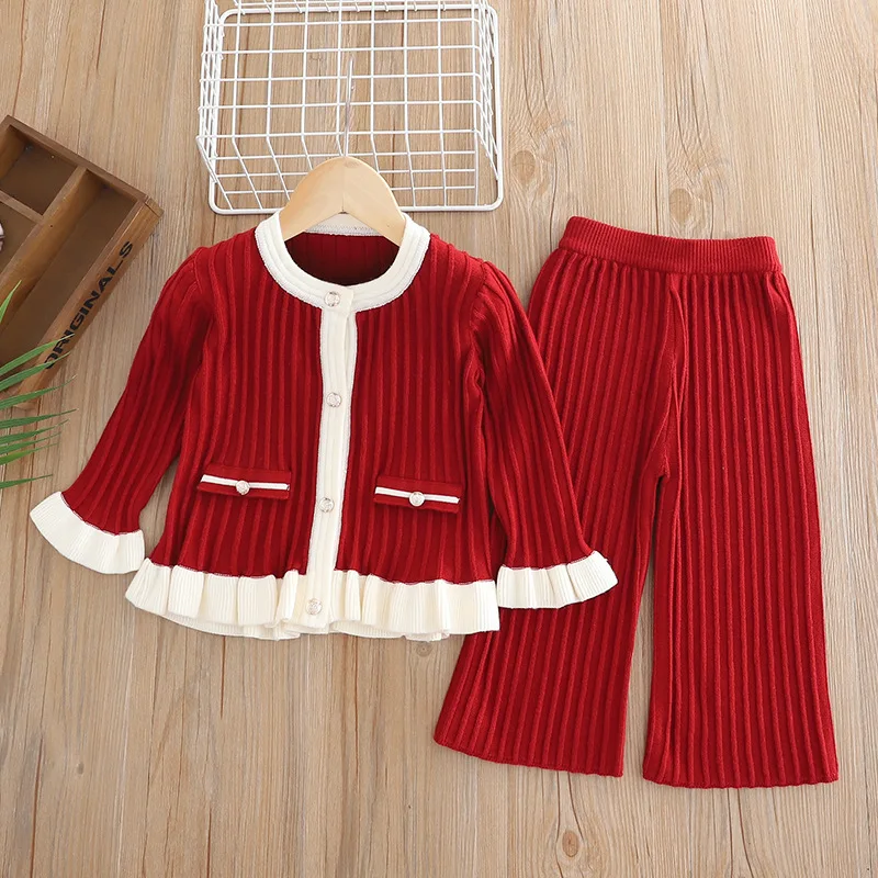 Knitted Clothes Set For 1-6Y Girl Autumn Winter Spliced Lace Hem Kid Girl Cardigan Sweater Toddler Baby Girl Straight Pants Suit