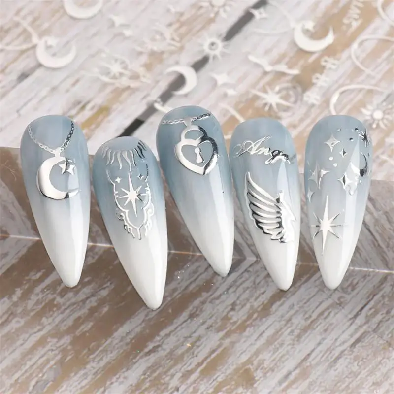 Sliver Nails Stickers Mental Sun Moon Star Lock Angel Wing Decals Nail Charms 3D Adhesive Sliders Spring Decor Accessories SLSWT