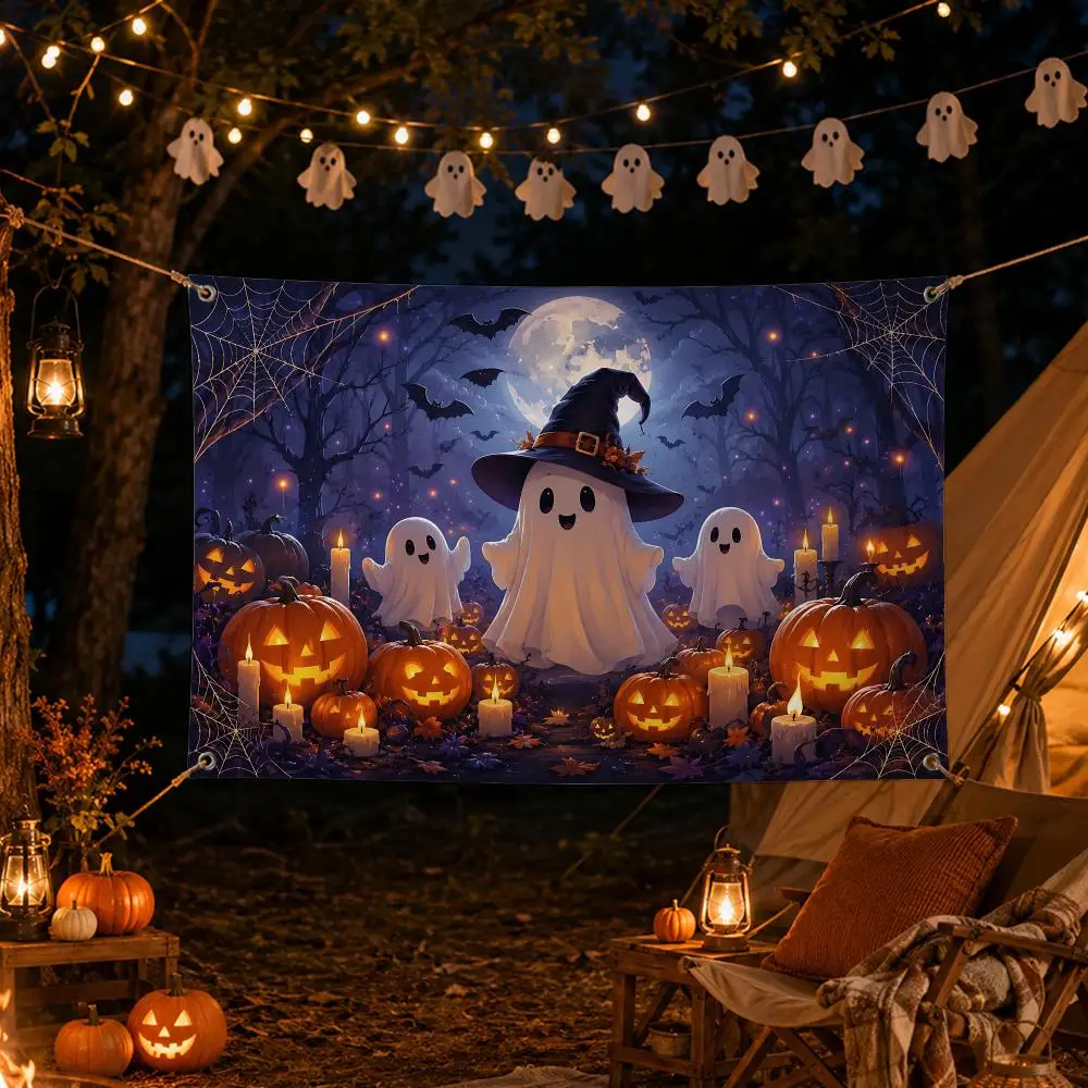Cute Ghost Halloween Flags Spooky Halloween Wall Hanging Banner Washable Fade‑Resistant Indoor Outdoor Party Decor