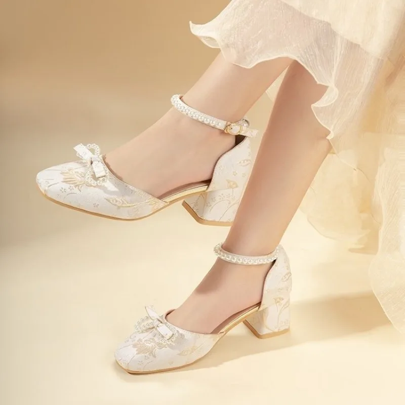 2024 Spring Women High Heels Mary Jane Pumps Party Wedding White Pink Beige String Bead Bow Princess Cosplay Lolita Shoes 36-40