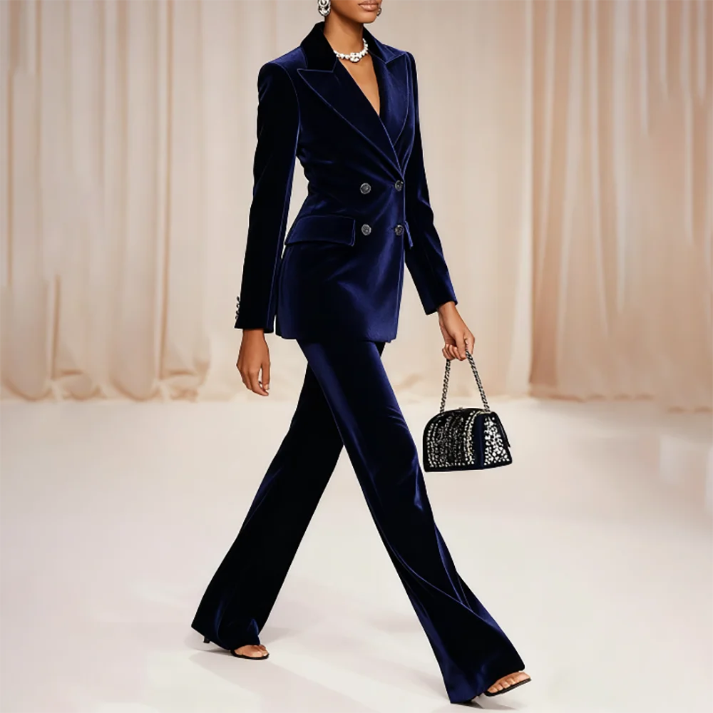 

Winter Women's Navy Blue Velvet Jacket Slim Fit Warm Double Breasted Peaked Lapel Blazer and Pants Suit Set Formal Party Outfit