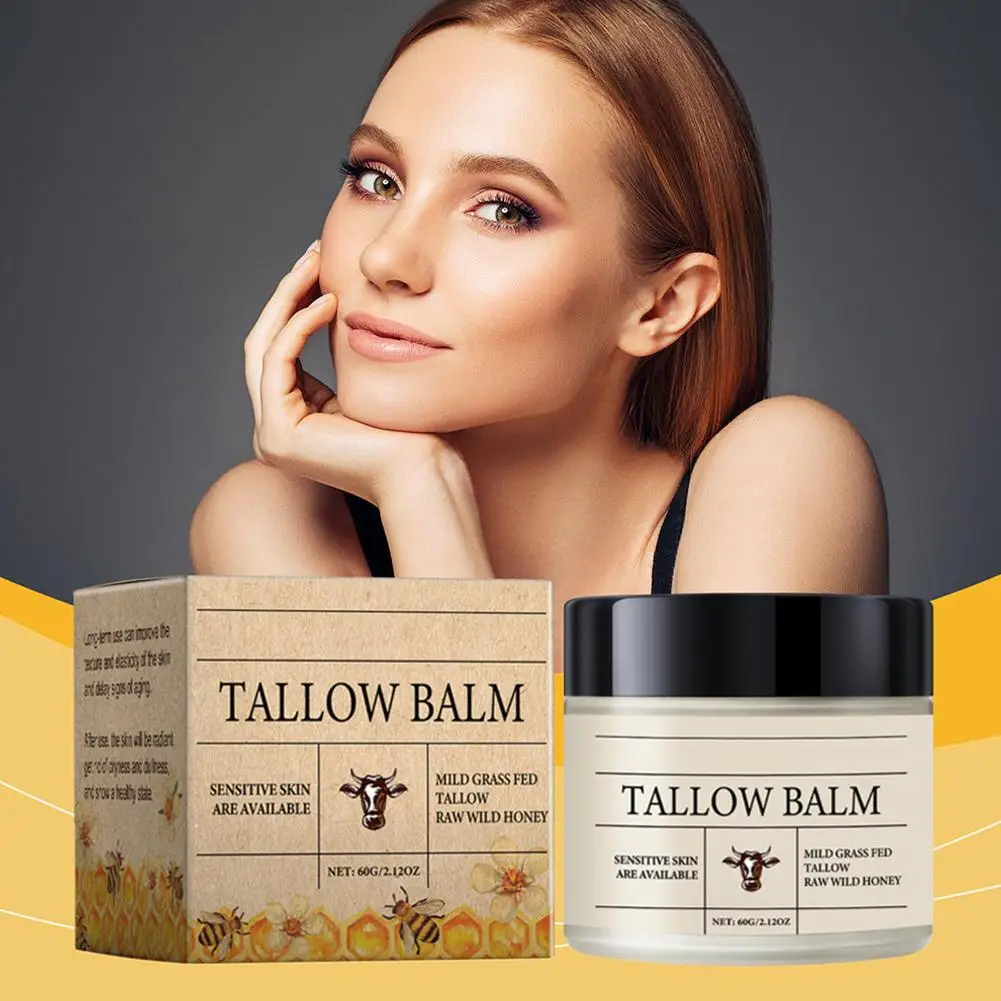 60g batido Tallow de ternera y bálsamo de miel crema facial hidratante Tallow de ternera loción corporal hierba alimentada crema facial terminada cuidado