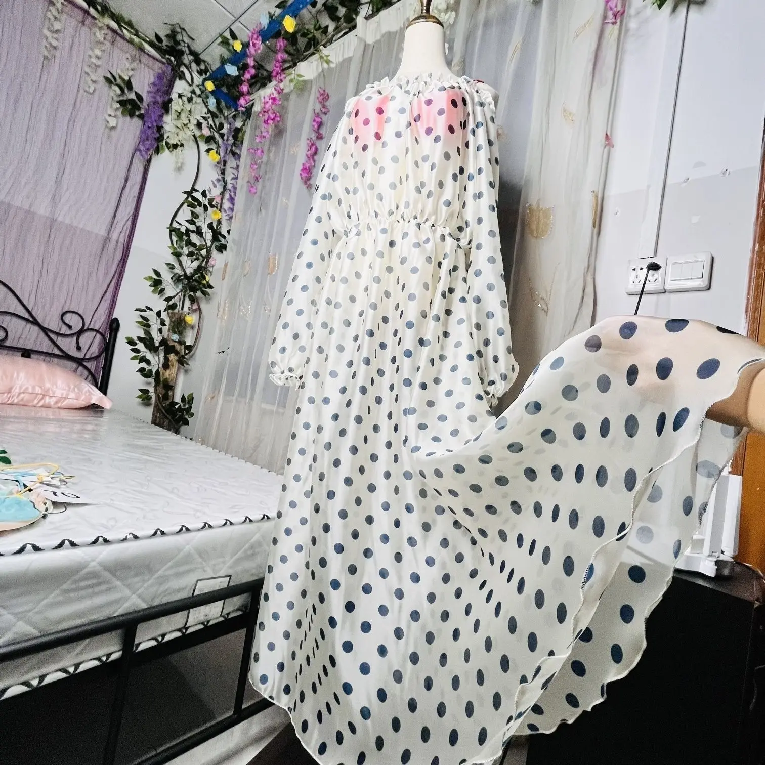 Glossy Polka Dot Ultra Thin See Through Women Satin Long Sleeve Long Dress Loose Ruffles Sleeping Robe