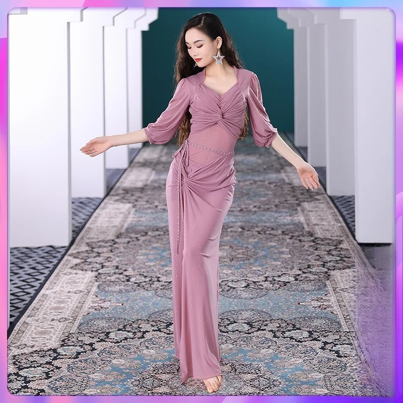 

Костюм для танца живота по индивидуальному заказу, комплект тренировочного платья, топ, длинная юбка, 2 шт., платье для выступлений, сексуальная одежда для танца живота для начинающих, урочная одежда