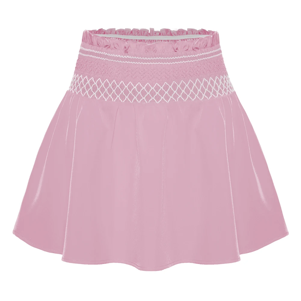 Kk feminino senhoras smocked saia de cintura alta com shorts anexados comprimento médio da coxa saia linha a moda