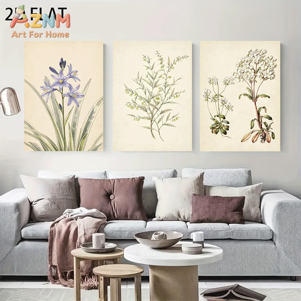 AZNM Frameless Canvas Wall Art, Vintage Botanical Purple White Wildflower Print, Antique Watercolor Floral Wall Decor for Living