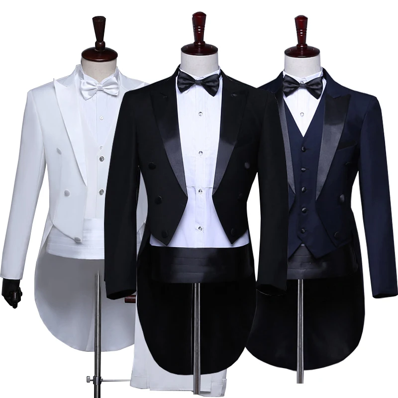 Mens Tailcoats 5 Pieces Set Tuxedo Dress Suits Swallow Tail Coat Formal Party Wedding Stage Male Jacket Dance Magic Tails Suits