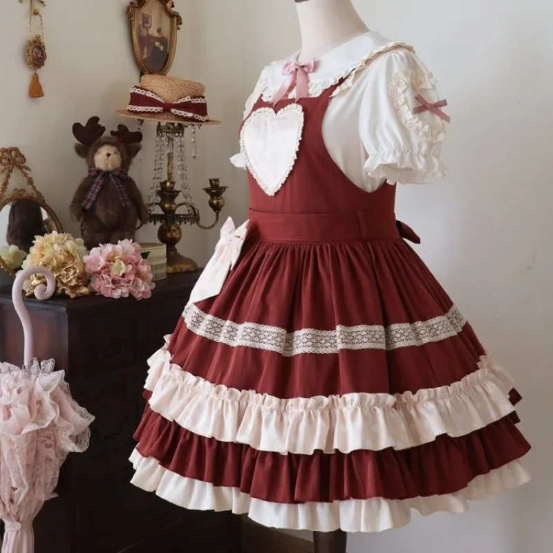 Sweet Girls Pink Cute Lolita Jsk Dress Polka Dot Print Lace Ruffle Bow Love High Waist Strap Dresses Women Kawaii Princess Dress