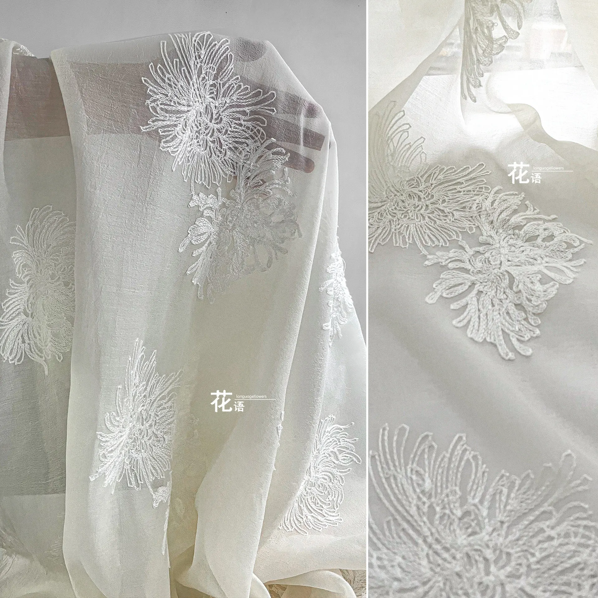 Apricot Chrysanthemum Embroidered Designer Fabric Lightweight Sheer Floral Textile for Fashion Design and Costume Making