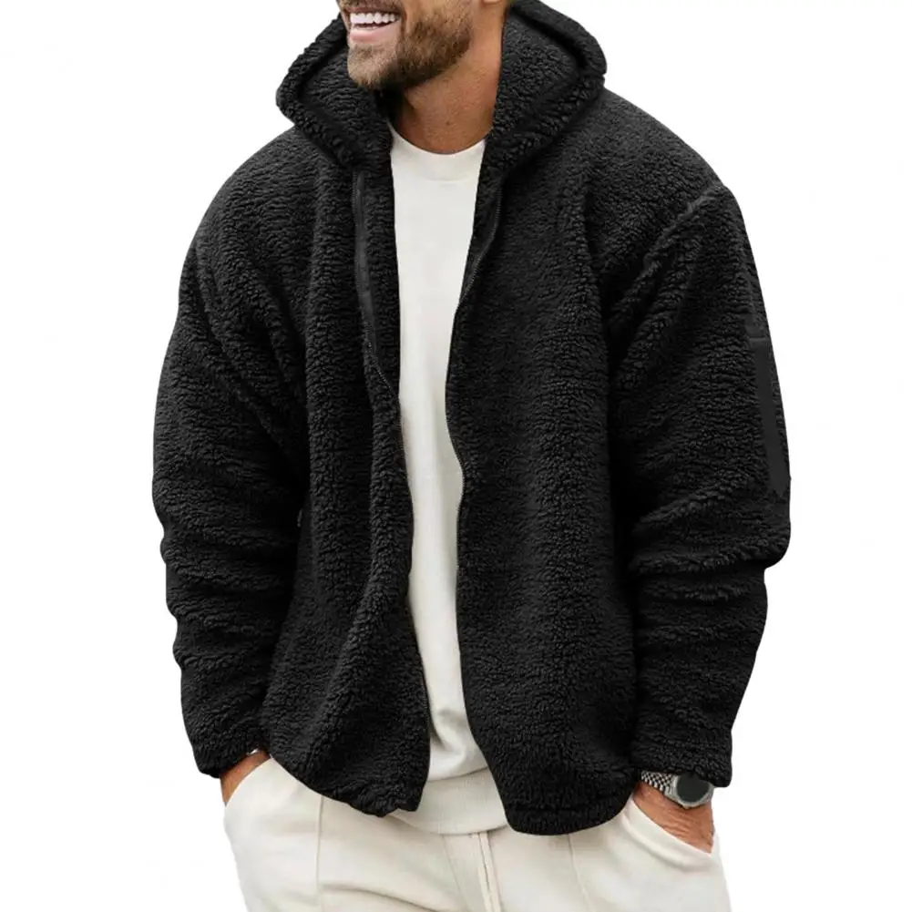 Winter Fleece Jacket Hooded Men's Coat Thick Plush Zipper Closure Pockets Warm Cold Resistant Mid Length Jacket