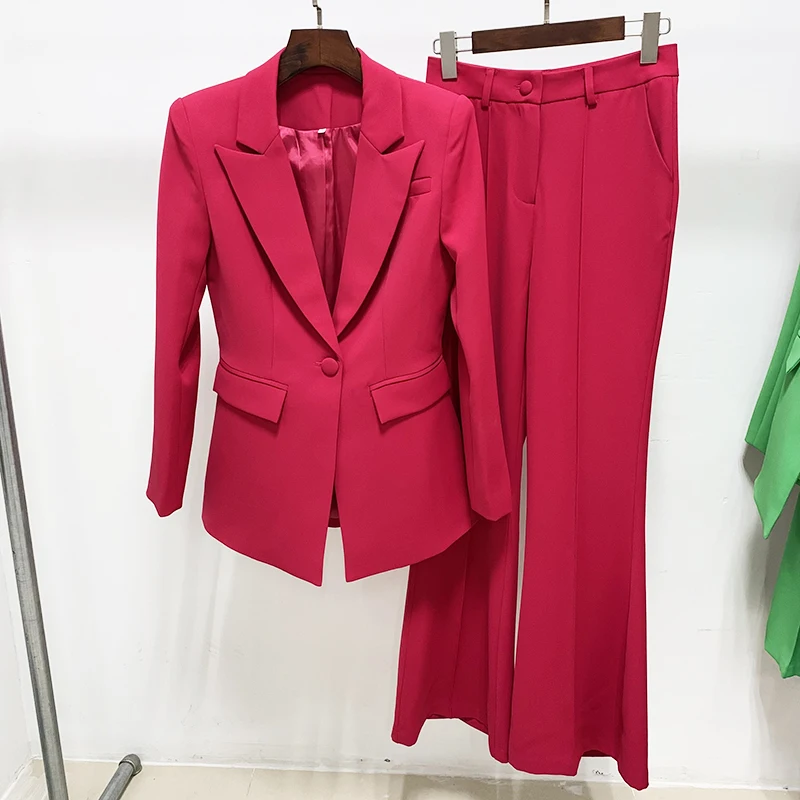 HIGH QUALITY Newest 2023 Designer Runway Women's Career Fashion Single Button Slim Fitting Blazer Flare Pants Suit Set