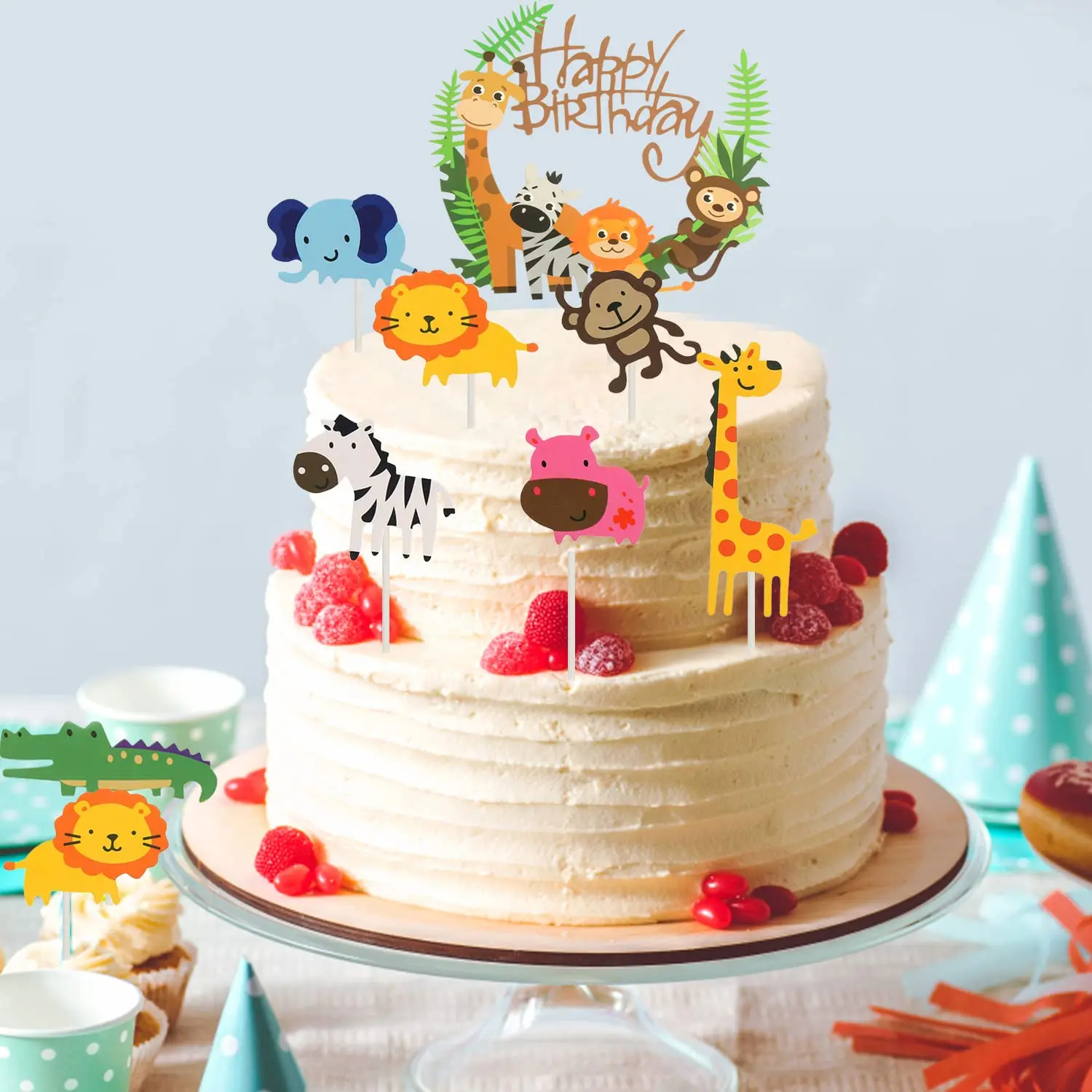 Cute Forest Animal Cake Topper Jungle Safari Birthday Decor Supplies Giraffe Elephant Lion Tiger Cake Decor For Kids 1 2 3 Years - view 3