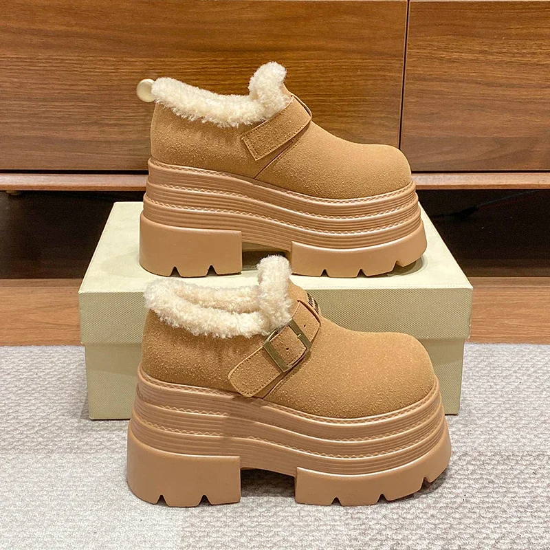 New Winter Chunky Casual Snow Shoes Woman 10CM High Platform Wedge Heels Warm Fur Sneakers Fashion Women Buckle Leather Shoes