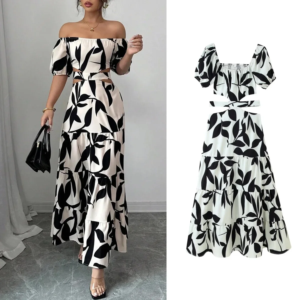 

Fangokv Women Print Long Dress Sexy Off Shoulder A Line Office Lady Tight Waist Maxi Gown 2025 Female Summer Ruffles Vestidos