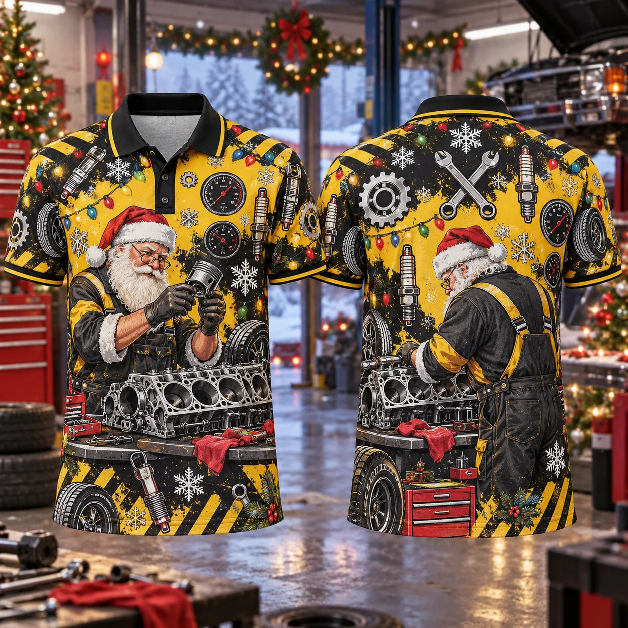 Men's Christmas Polo Shirt Santa Auto Repair Garage 3D All Over Print Short Sleeve Funny Holiday Golf Top