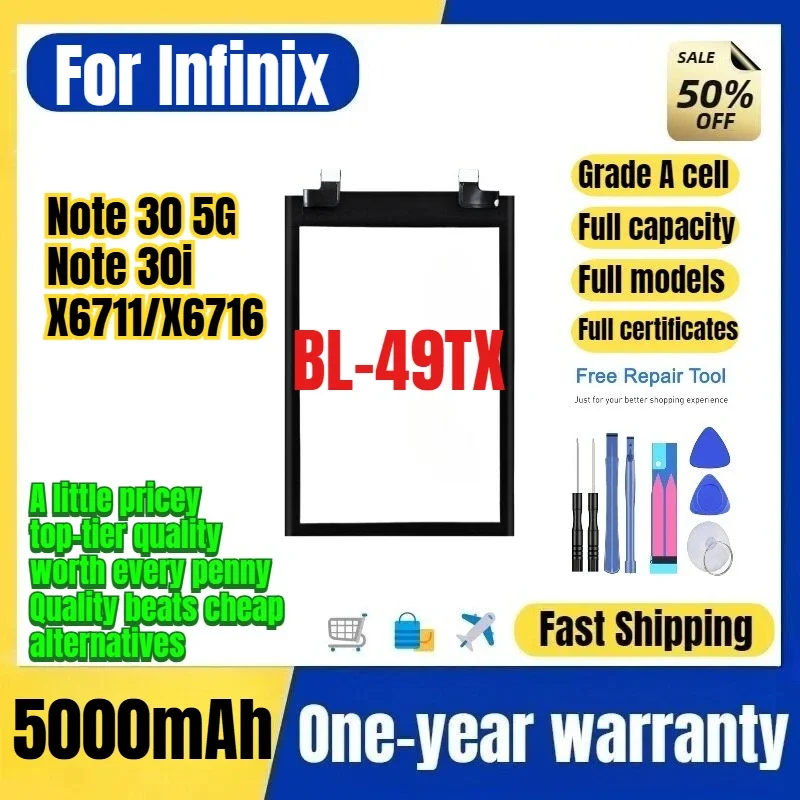 BL-49TX for Tecno Infinix Note 30 5G/Note 30i/X6711/X6716 Phone Battery High Capacity Replacement Bateria Grade A Cell with Tool