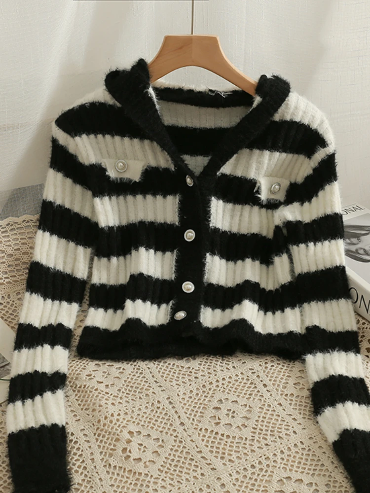 KOSAHIKI Y2K Vintage Women Cropped Cardigan Chic Striped Jackets Tops Hooded V-neck Knit Casual Sweater Casacos Trico Feminino