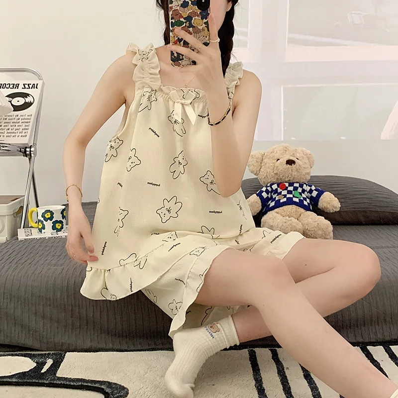 Summer Ladies Pajamas Korean Girls Two-Piece Set of Sling Pajamas Loungewear Female Summer with Corset Bow Ins Style Loungewear