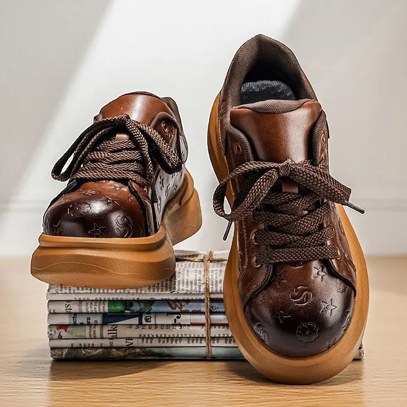 

2026 retro Luxury Men's Shoes Original Design Leather Printed Casual Sneakers High Street Fashion Lace-up Big Head Walking Shoes