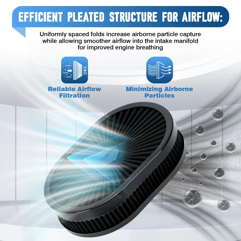 For Chevrolet Camaro Impala GMC Sierra Ford Mustang Torino Dodge Charger Plymouth Barracuda 12" x 2" Oval Air Filter Assembly view 2