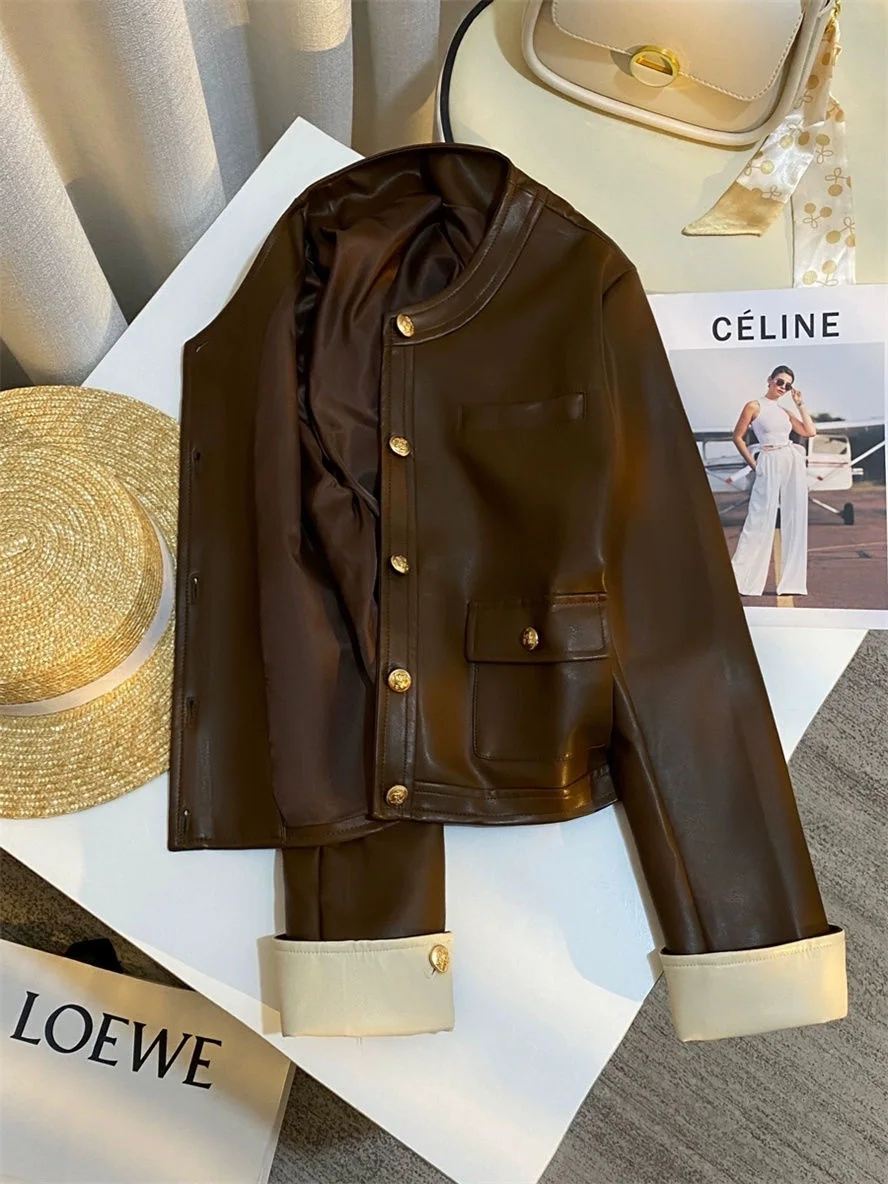 Spring Autumn Coffee Leather Jacket Women's Korean New Style Contrasting Color Design Short Coat Temperament Retro Jacket Top