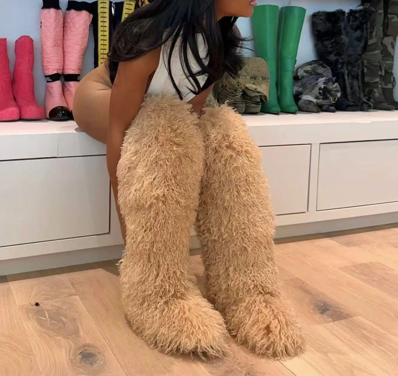 

Сапоги выше колена высотой 72 см из монгольского меха, высокие зимние сапоги из искусственного меха для женщин