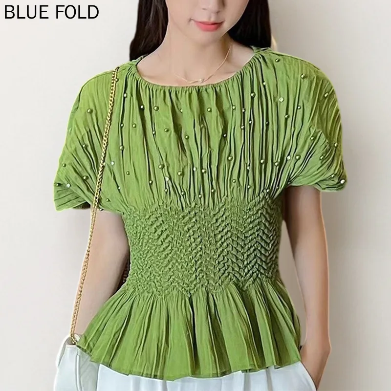 Miyake Short-Sleeved Waist T-shirt for Women, Beaded, Round Neck, Fashionable and Versatile Tops, Summer Tshirt, New Design