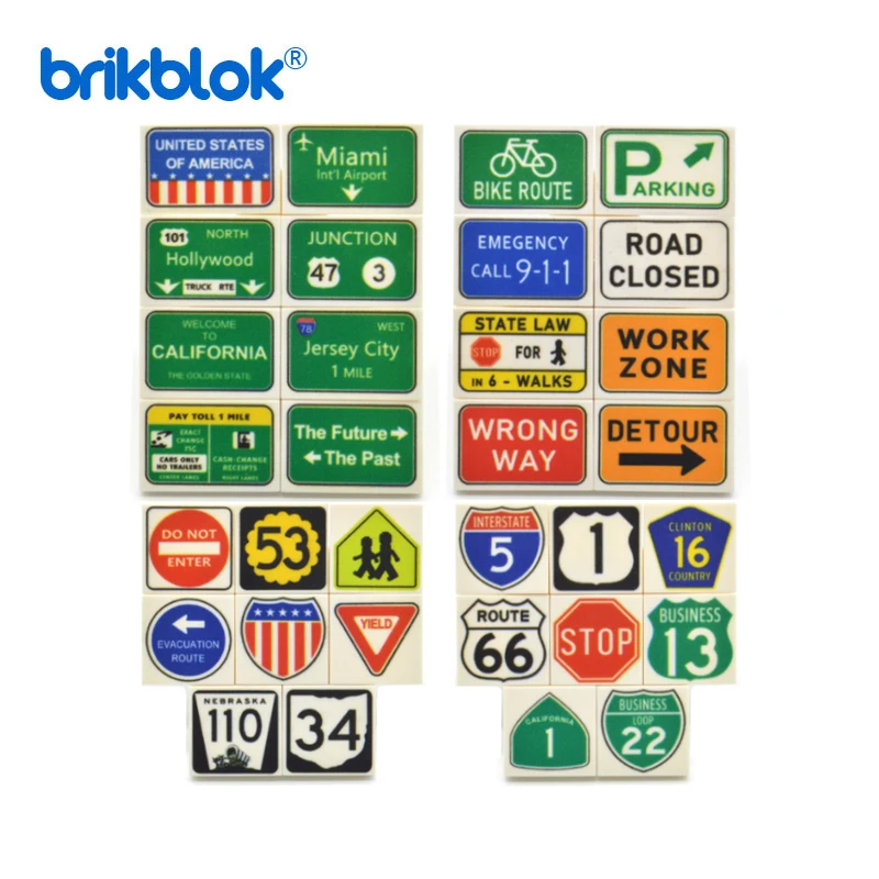 

Assortment of Traffic Sign Set Printed Brick Tiles Customerized MOC Building Blocks Toys