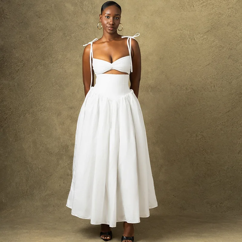 

Solid color Lace Up Hollow Out Dress Sleeveless Backless Elastic Waist Maxi Dress 2025 Summer Fashion Sexy Women's Clothing