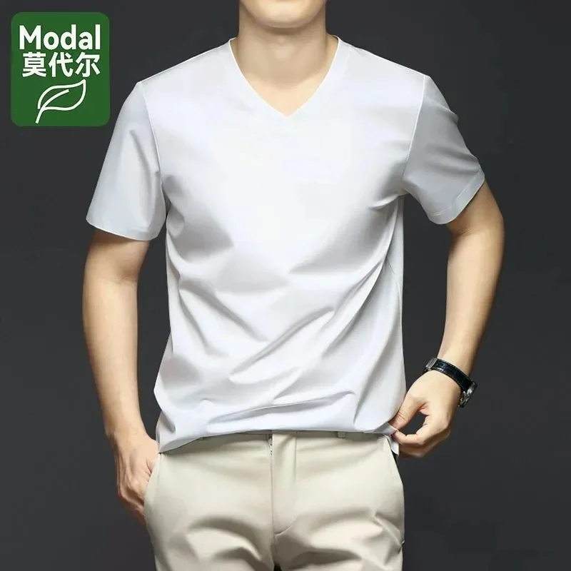 Men's V-Neck Short Sleeve T-Shirt Modal Ice Silk Cool Breathable Solid Color Casual Basic Tops Tee Summer Wear
