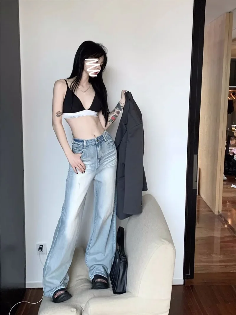 Light Blue Summer Jeans High Waist Women Vintage Preppy Style Trousers Denim Straight Y2k Wide Leg Pants American Ankle Length