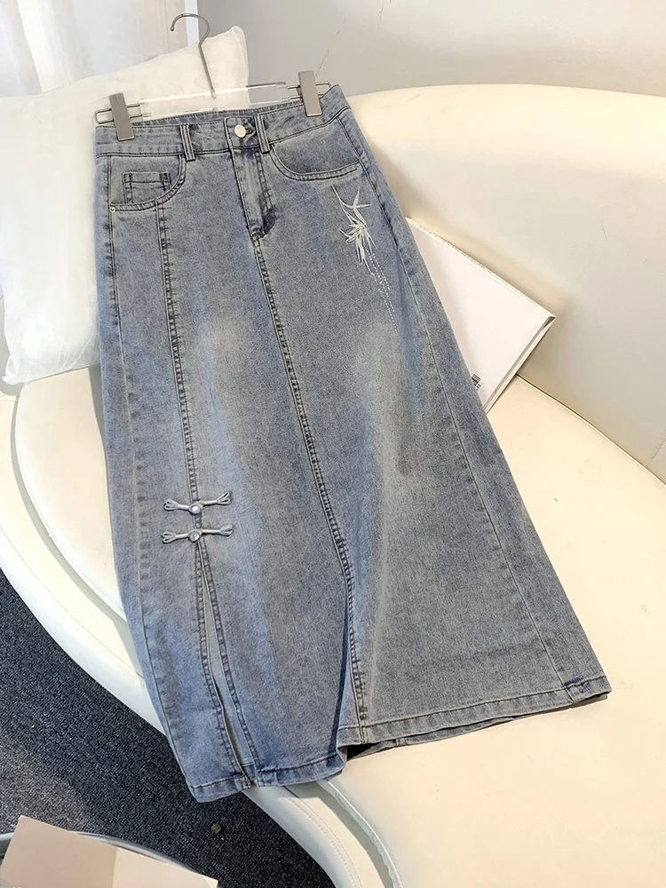 

Юбка А-силуэта из синего денима больших размеров с высокой талией и пуговицами, в корейском стиле, повседневная, для офиса, для женщин