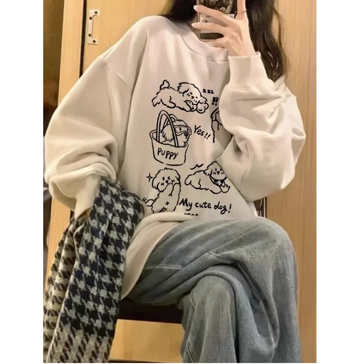 루즈핏 스웨트셔츠 여성용 라인 프린트 루즈핏 라운드넥 여성용 스웨트셔츠 후드티 스웨트셔츠 후드티 스웨트셔츠