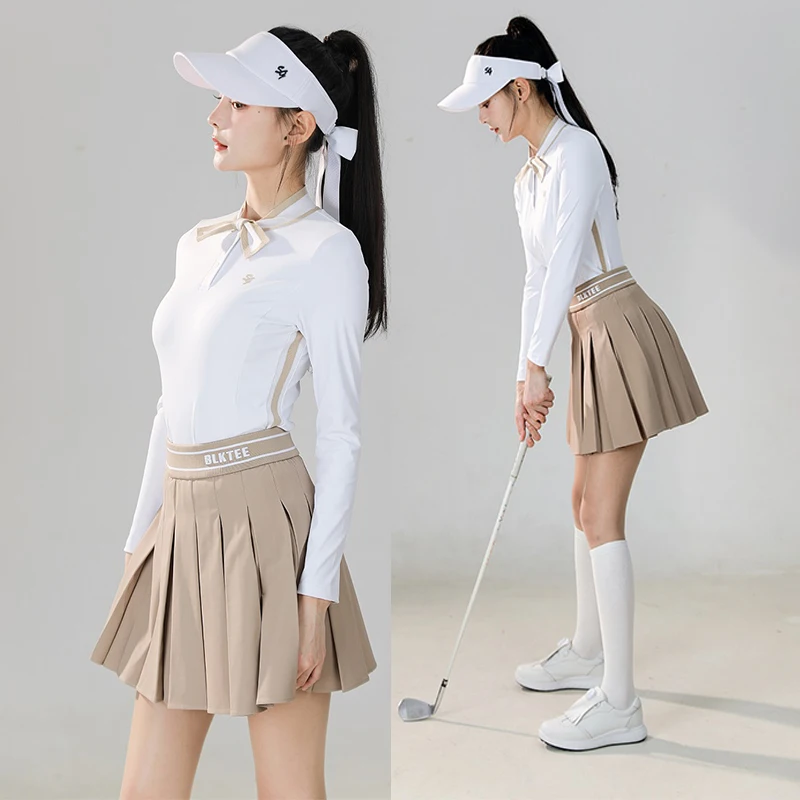 SG Golf Women's Autumn Warm T-Shirt Bowknot Collar Polo Shirt Long Sleeve Top Lady Retro Elastic Pleated Skirt High Waist Skort