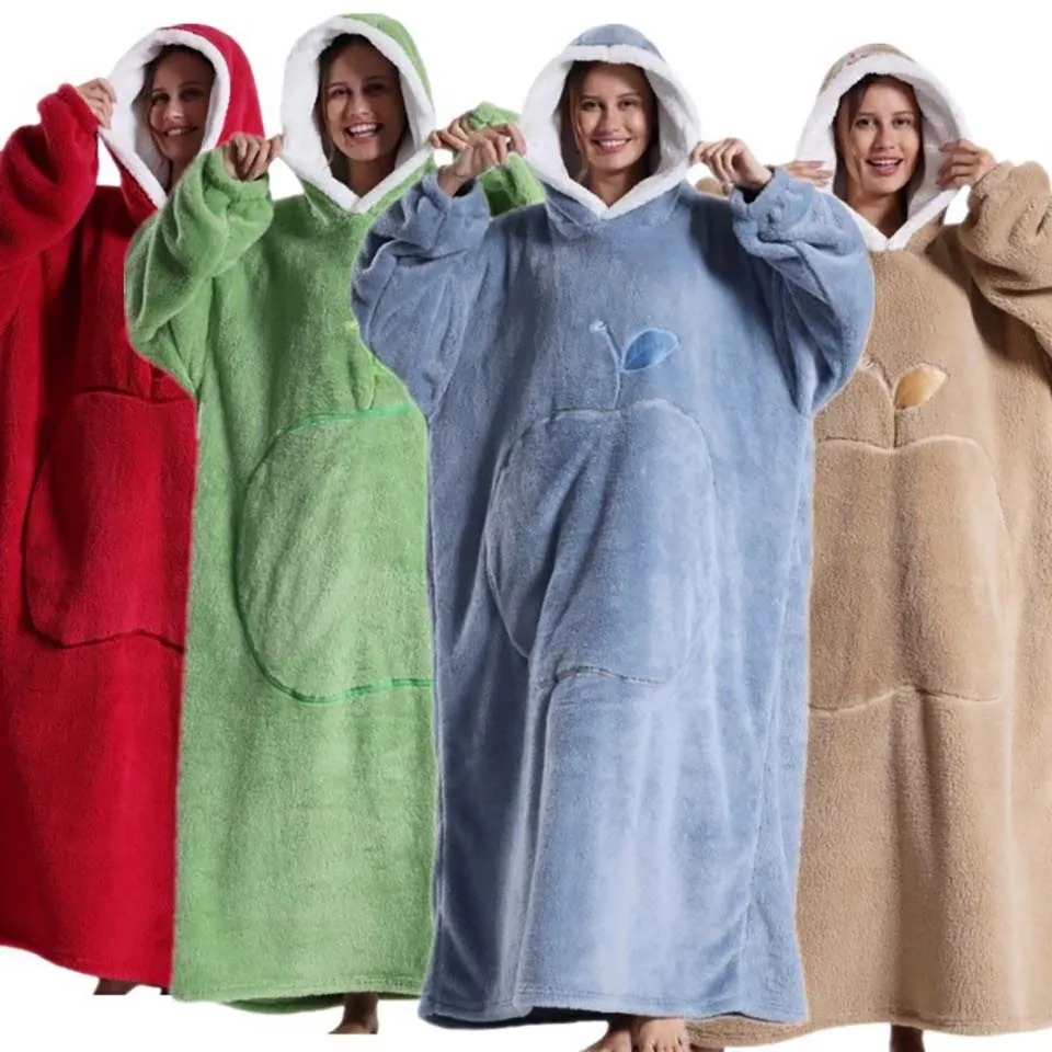 

Extra Long Wearable Blankets Winter Flannel Hooded Blanket with Full Sleeves Men Women Cozy Soft Throw Adult TV Blanket