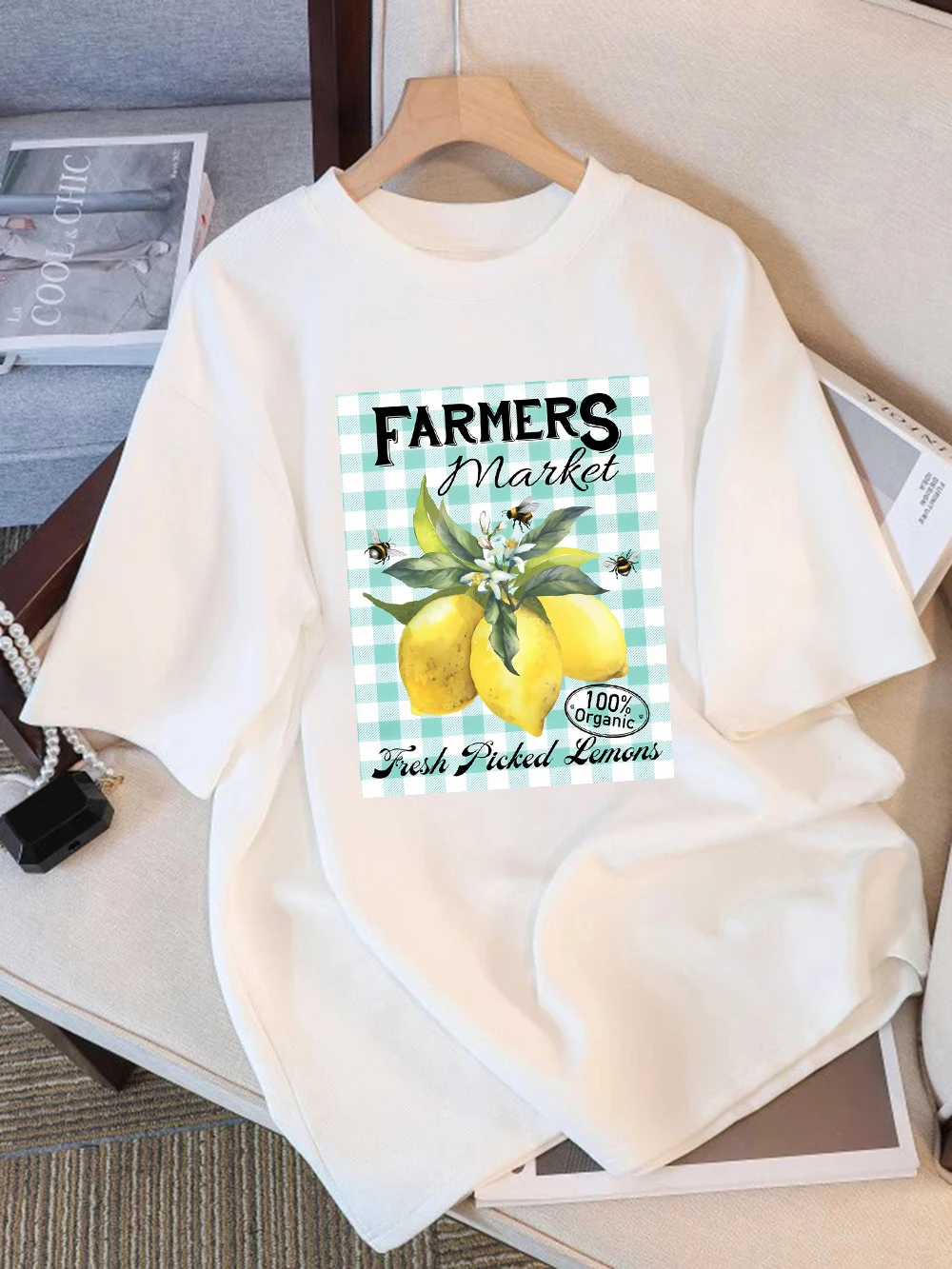 100% Cotton Summer T-Shirts Womens Farmers Market Fresh Picked Lemons Print Tops Loose Soft O-Neck T Shirt Street Womans Clothes