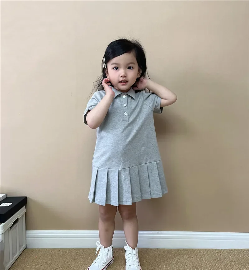 Kids Clothes Girls Summer Grey Cotton Polo Sport Casual Dress  Baby Girls Pretty short sleeves for Children 1-7 Year Dress