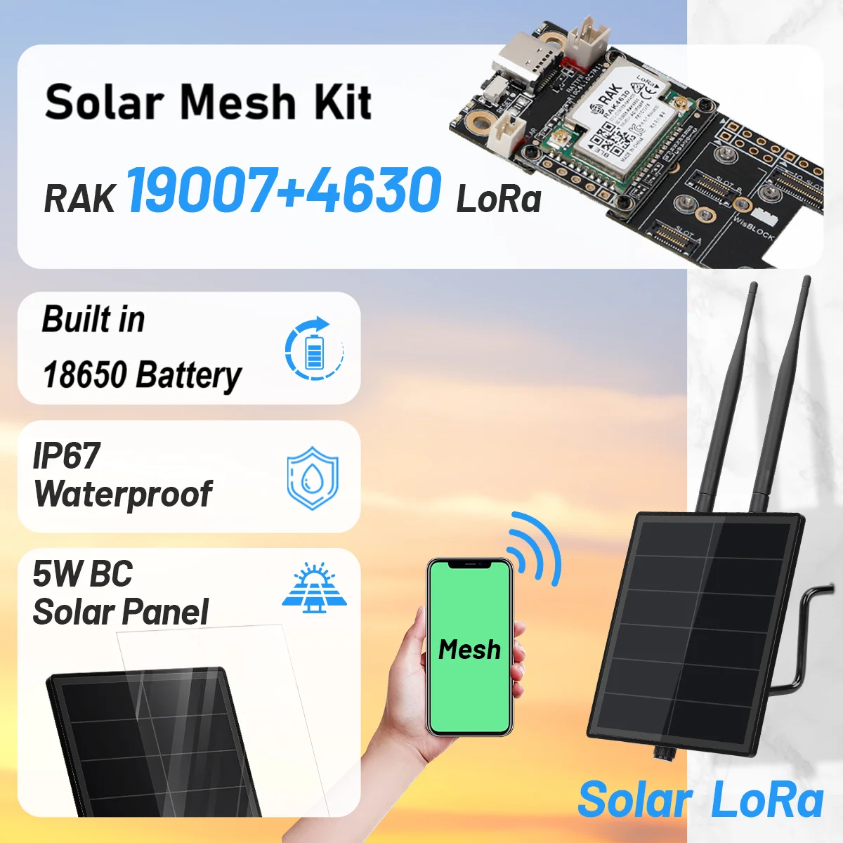 D5 LoRa Solar Power Lora Node Repeater 3.7V with Wisblock RAK19007 RAK4630 SX1262 Dev-board Radio Lora Solar Meshcore Device