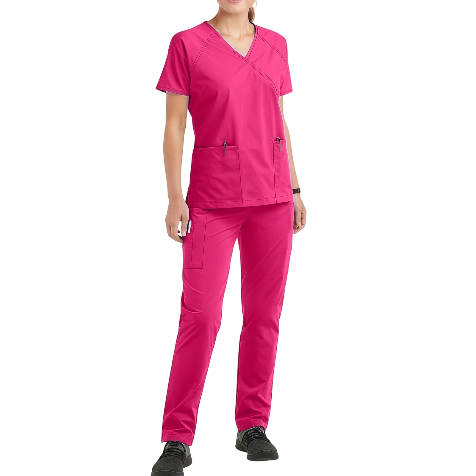 Conjunto de enfermera para mujer, cuello en V, manga corta, multicolor, bolsillo con cremallera, pantalones largos, uniforme médico, ropa de trabajo profesional acogedora